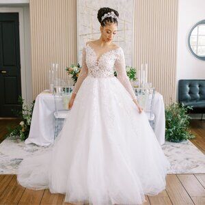 Long Sleeve Tulle Ballgown Wedding Dress with Polka Dot Illusion Lace